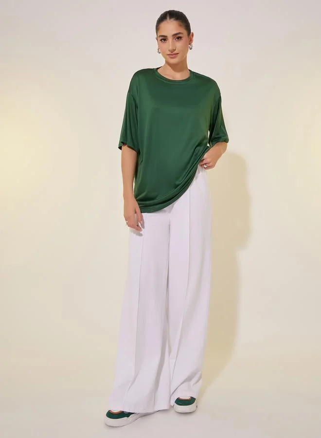 تايك تو تيشيرت نسائي أخضر بطبعة شعار وأكمام قصيرة بقصة واسعة